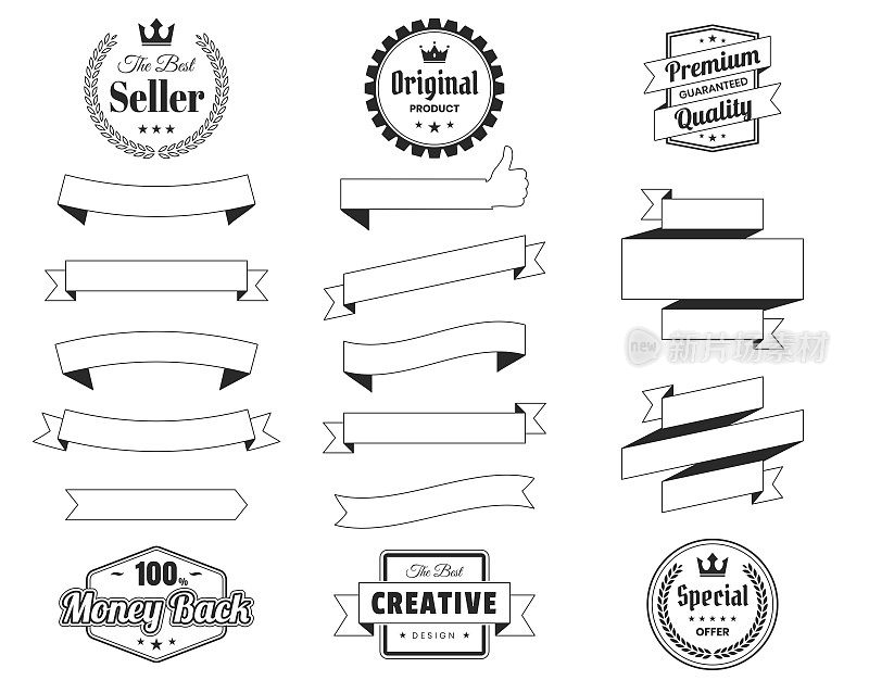 一套丝带，横幅，徽章，标签(轮廓，线条艺术)-设计元素在白色的背景