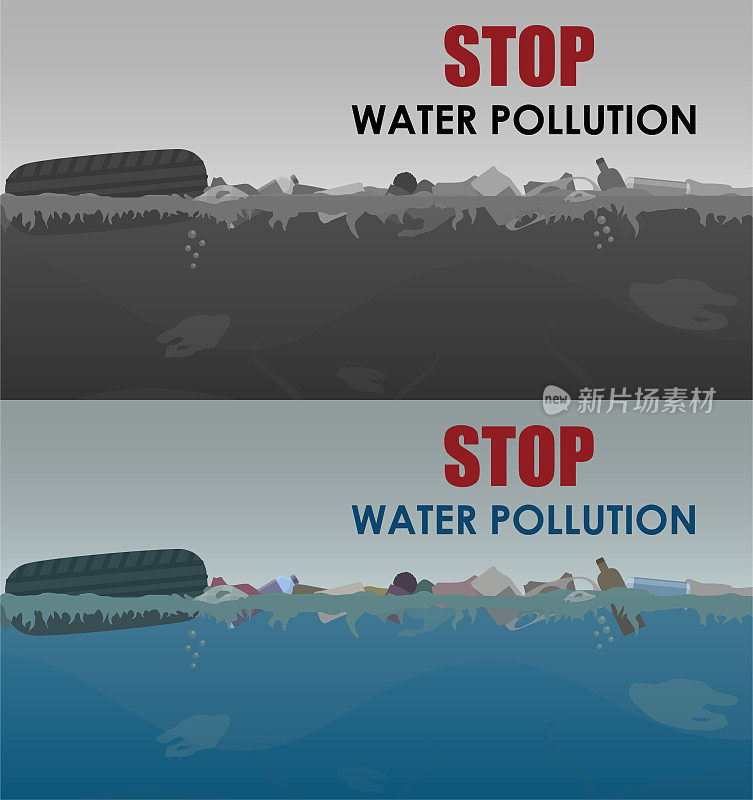 停止水污染的例证。股票向量。水中有不同的垃圾和黏液。环保的概念。垃圾排放和水污染横额文字。
