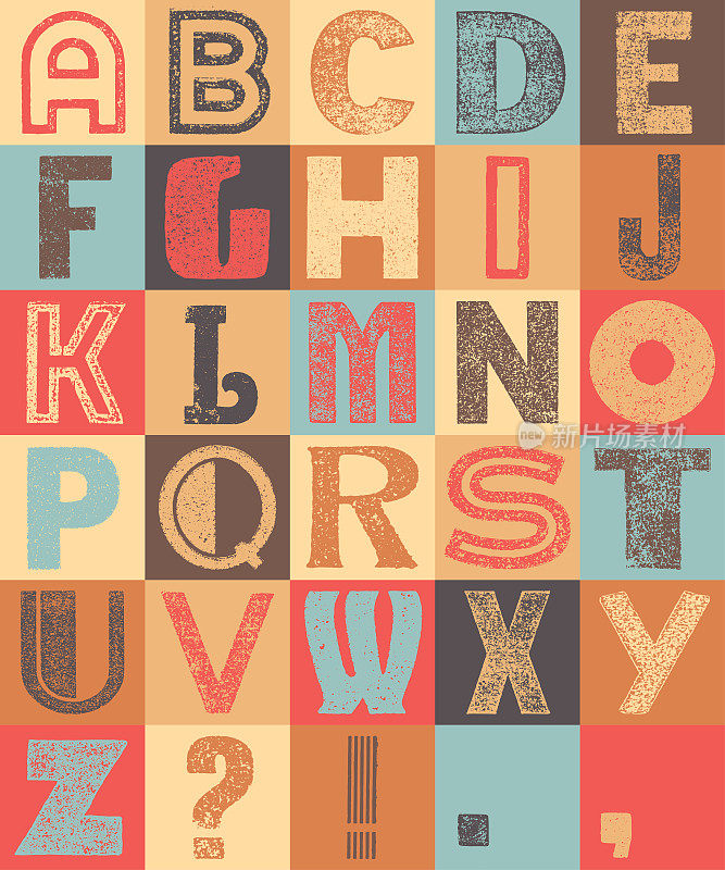 复古彩色字母在一个网格