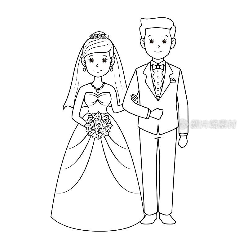 黑白新娘和新郎站在婚纱上新娘手捧鲜花新郎的手臂站在白色背景下拍摄肖像照片用于组装或为做家庭学校和教师的母亲制作教材。