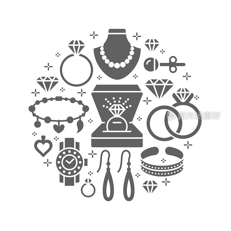 珠宝店，钻石饰品横幅插图。矢量剪影图标的珠宝金表，订婚戒指，耳环，银项链，护身符，珠宝。时尚店圈模板