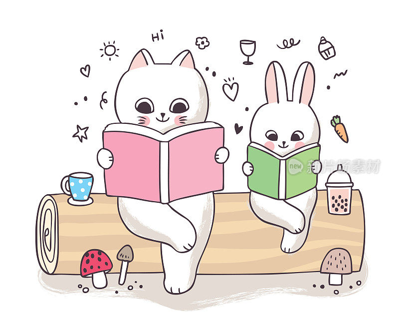 卡通可爱的春天，猫和兔子看书上的对数向量。