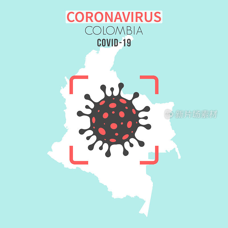 哥伦比亚地图，红色取景器中有冠状病毒细胞(COVID-19)