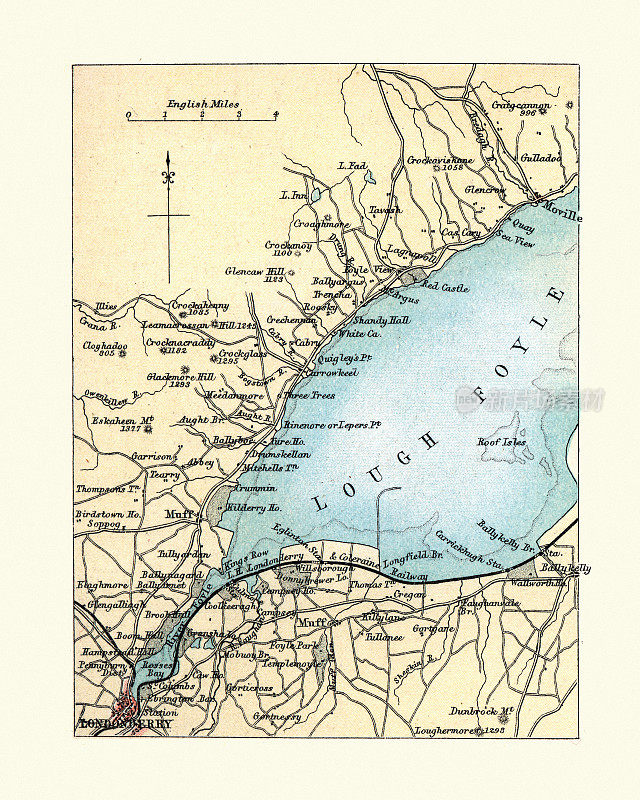 伦敦德里的古董地图，北爱尔兰，1890年代，19世纪