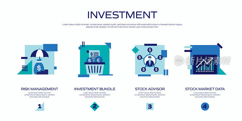 投资相关的平面图标，平面设计矢量符号插图。信息图表设计元素