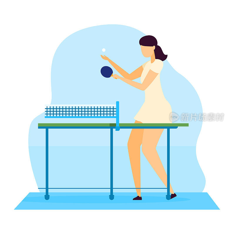 运动员矢量插图，卡通扁年轻女子角色打乒乓球乒乓球与球拍孤立在白色