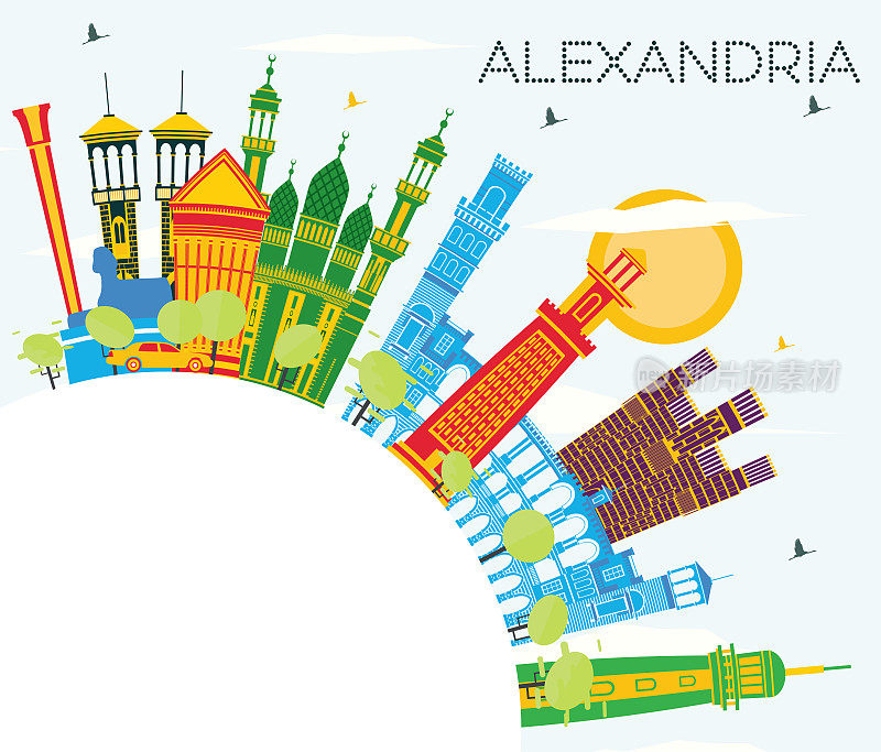 亚历山大埃及城市天际线与彩色建筑，蓝天和复制空间。
