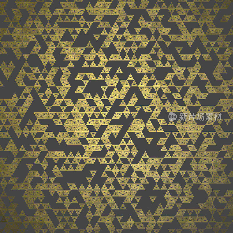 同样大小的飞溅，三角形图案与金色的3d反射。模式背景说明。深灰色的。