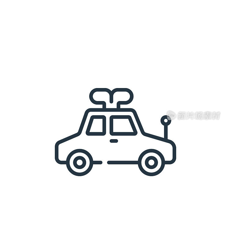 玩具车矢量图标孤立的白色背景。轮廓线、细线玩具车图标用于网站设计和手机、应用程序开发。细线玩具车轮廓图标矢量插图。