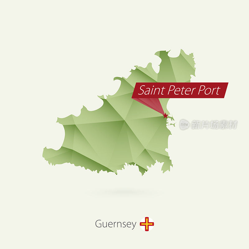 绿色梯度低多格恩西岛与首都圣彼得港地图