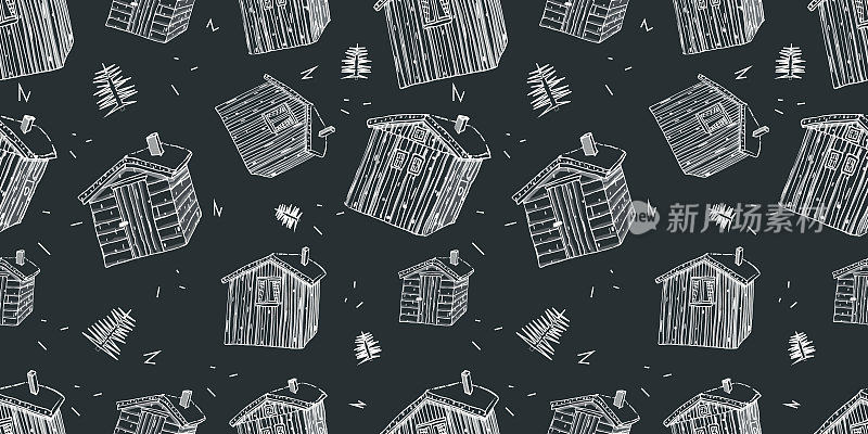斯堪的那维亚木屋的屋顶上有草，黑色背景和白色边框上无缝的图案
