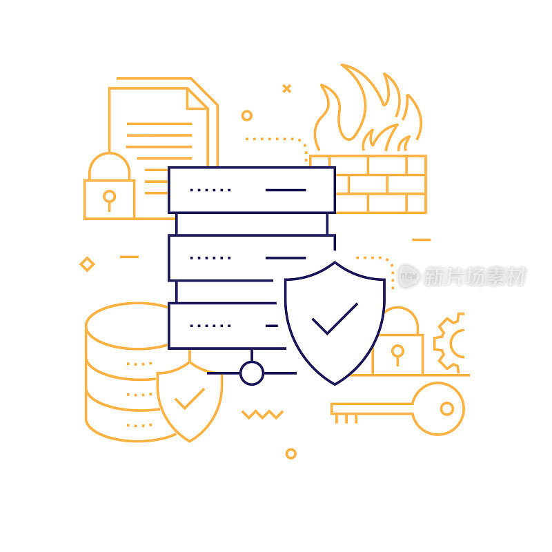 网络安全、数据安全相关线路图标。矢量轮廓符号插图。