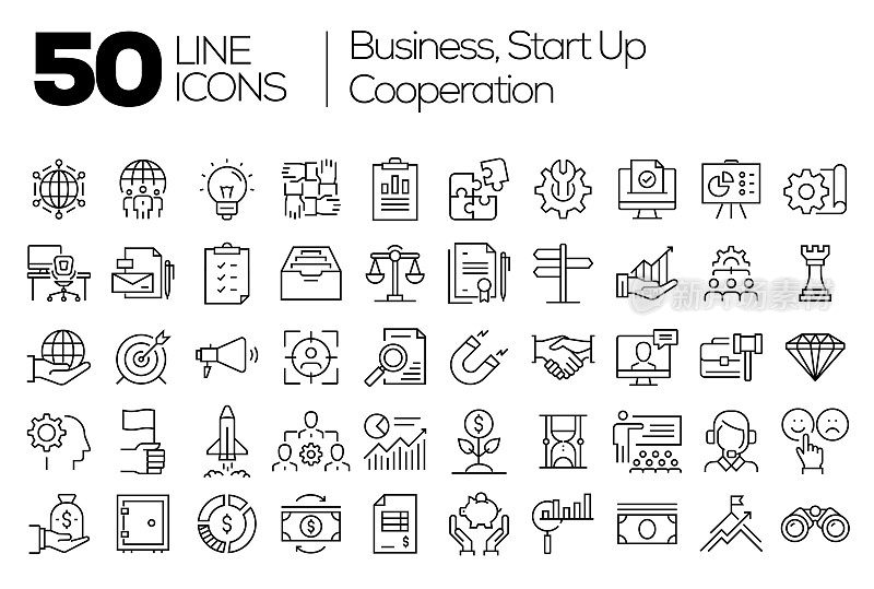 商业，创业，合作概念现代线路图标