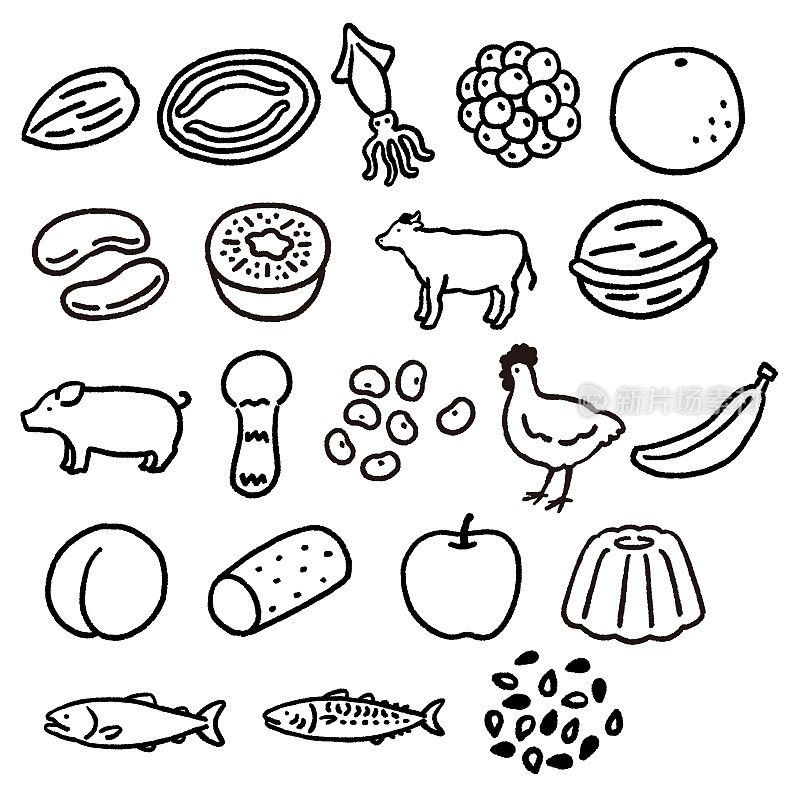 21个物品，相当于食物过敏的指定原料手绘图标集