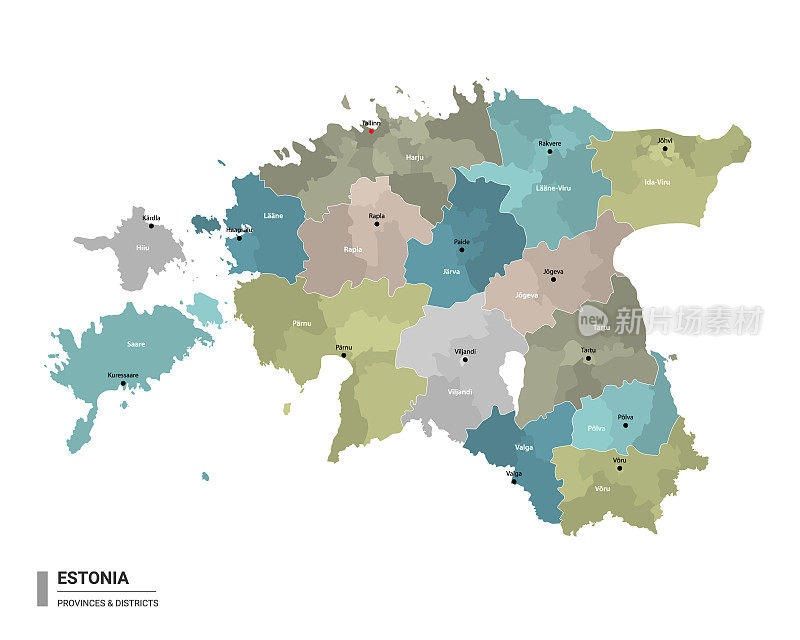 爱沙尼亚高详细地图与细分。爱沙尼亚行政地图与地区和城市名称，颜色由州和行政区域。矢量插图。