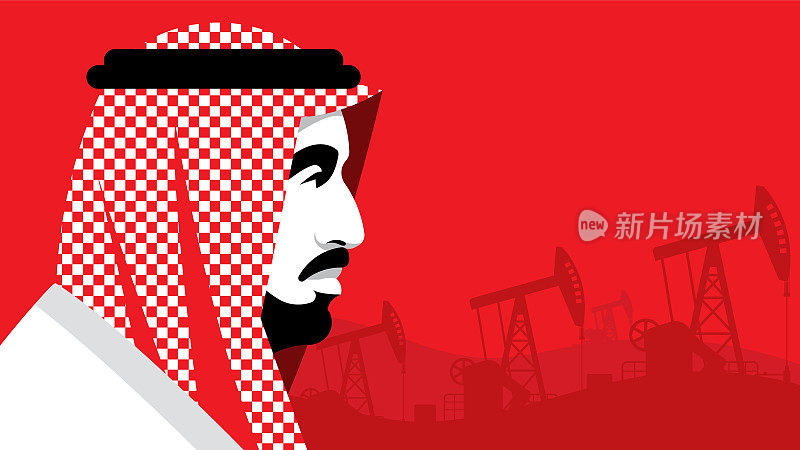 石油价格。严肃的阿拉伯商人穿着民族白色西装，背景是石油钻塔。