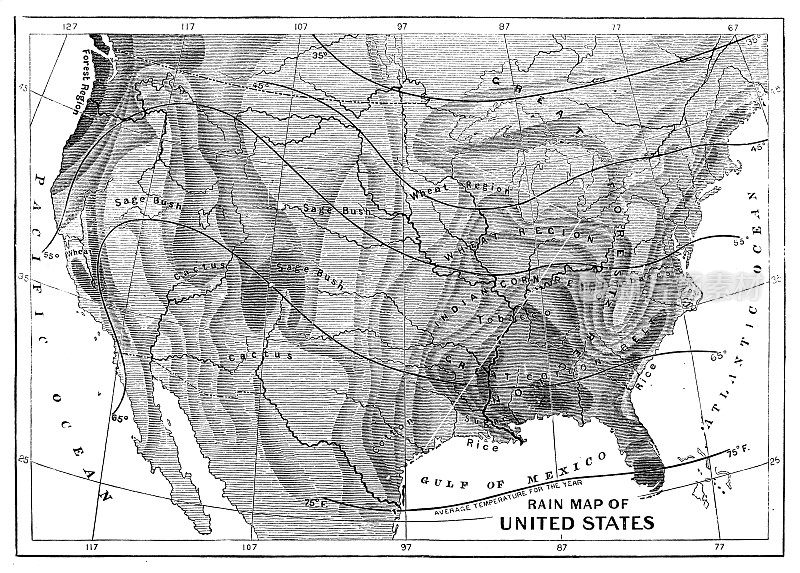 来自学校地图集的古董插图:美国雨图
