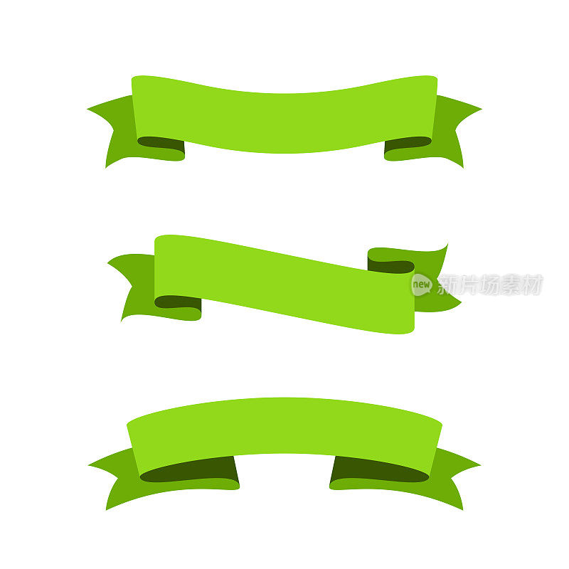 一套绿色丝带，横幅-设计元素在白色的背景