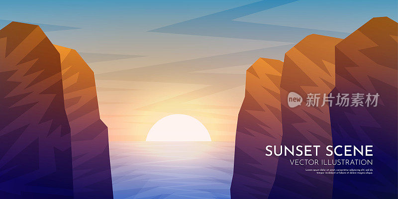 矢量插图。极简主义的概念。岩石在水附近。山脊。海上日落的场景。美丽的晴朗的天空。多边形的风格。网站或游戏模板。平的卡通壁纸。峡谷
