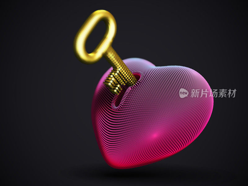 红色3D人体心脏与锁眼和金钥匙在深灰色的背景。关系、爱情和婚姻观念:以人类的心为形状的挂锁。
