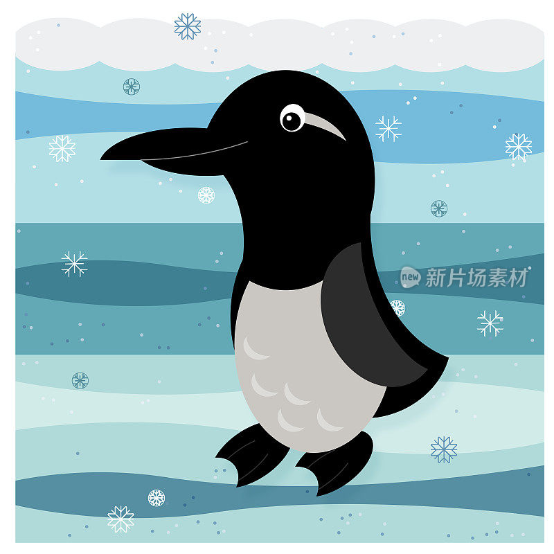 卡通场景与北极动物鸟类企鹅海鸠在雪地插图