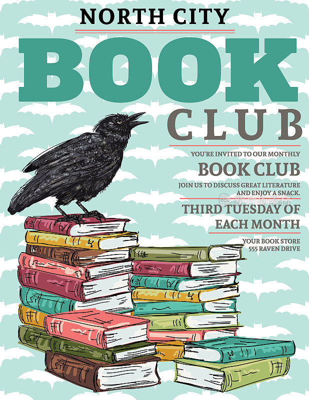 书俱乐部模板与乌鸦和成堆的书
