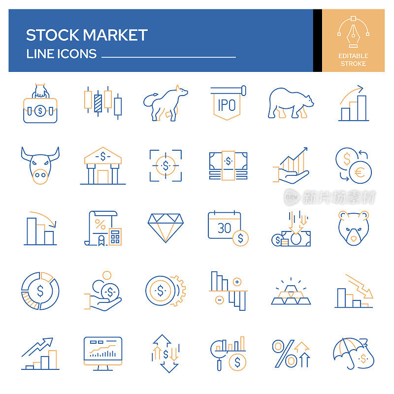 股票市场相关线图标的设置。轮廓符号集合，可编辑的描边