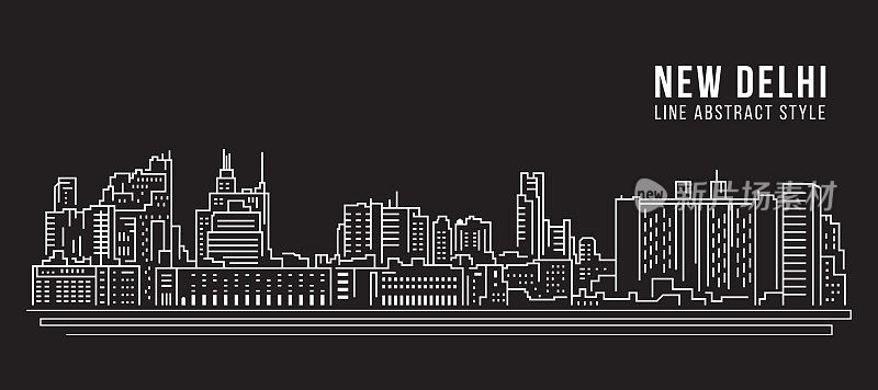 城市景观建筑线条艺术矢量插图设计-新德里城市