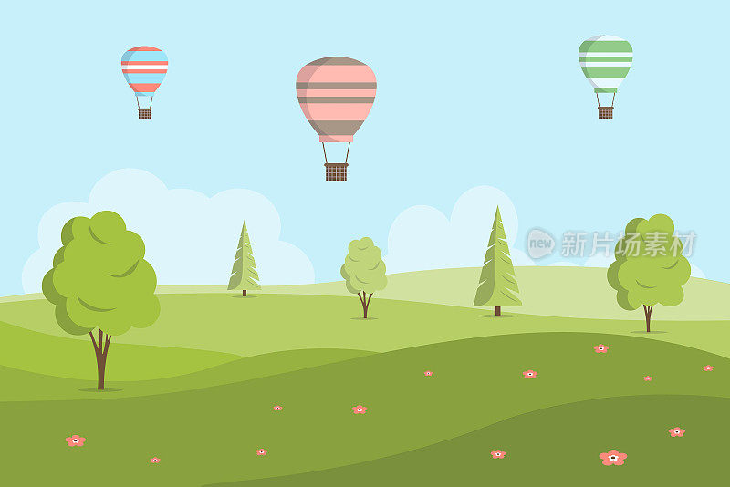 矢量插图在卡通风格与田野和绿色的山丘。春天或夏天的风景。蓝天上的热气球。夏日风景缤纷背景。平的风格。