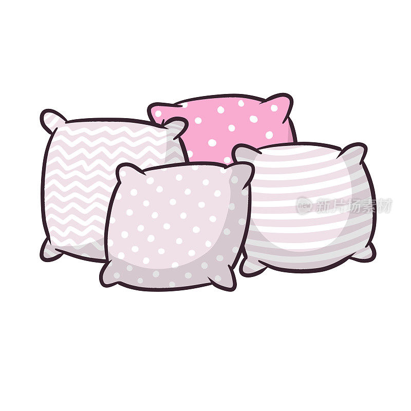 的枕头。大大小小的物体。卡通平面插图。颜色柔和的粉红色垫子。卧室和床的睡眠元素
