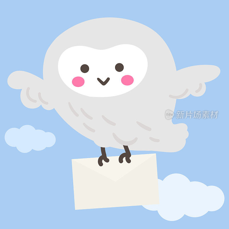 雪鸮在蓝天白云的背景上送信。平面向量插图。
