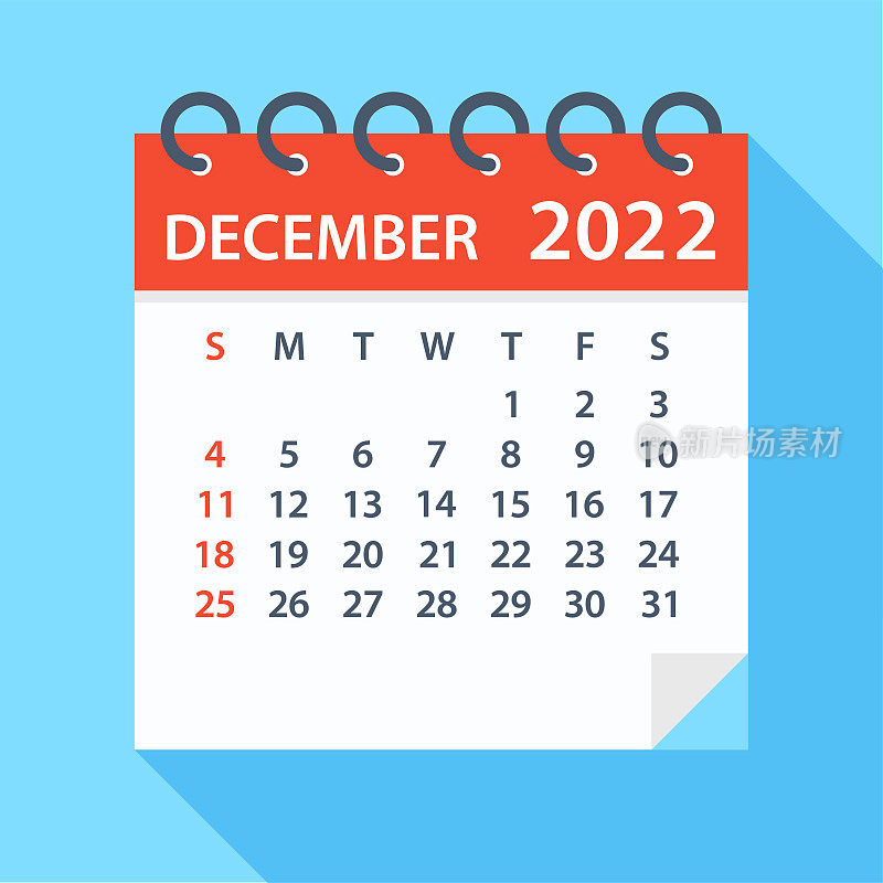 2022年12月-日历。一周从周日开始