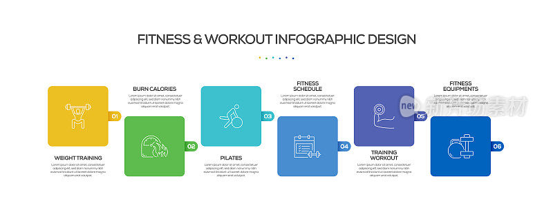 健身和锻炼相关的过程信息图表模板。过程时间图。带有线性图标的工作流布局