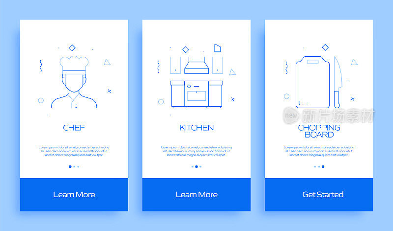 在移动应用页面上使用扁平图标的烹饪概念。用户体验，UI设计模板矢量插图