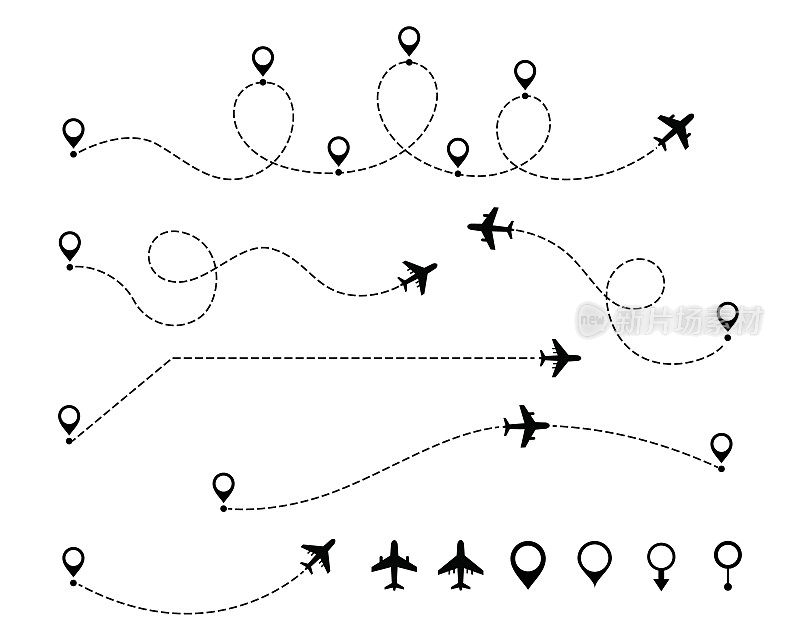 飞机的航线。平面路径。飞机跟踪，飞机，旅行，地图引脚，定位引脚。矢量图