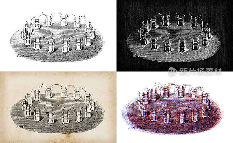 科学发现的古董插图，电和磁:电池