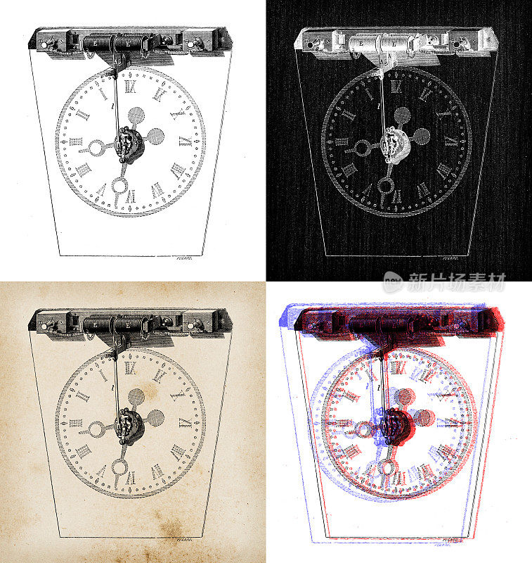 科学发现的古董插图，电力:时钟