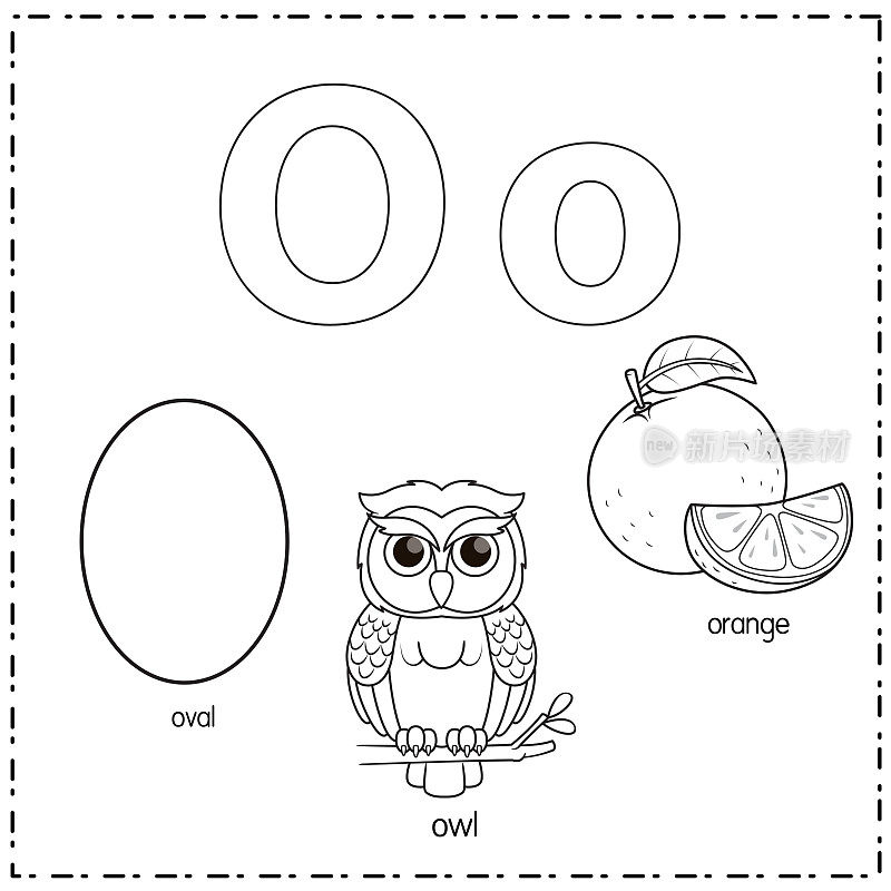 向量插图学习字母O的小写和大写的儿童与3卡通图像。椭圆形猫头鹰橙色。