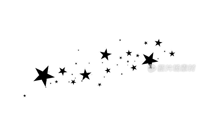 白色背景上的星星。黑色的星星与优雅的星星。流星体，彗星，小行星，恒星。