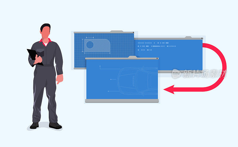 矢量插图的维修工程师与板的车辆修改方案
