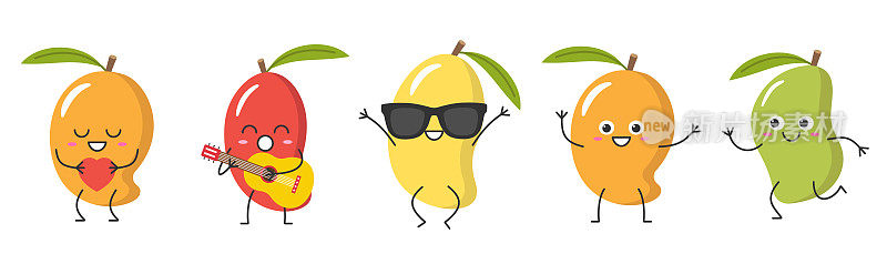 集芒果可爱的热带水果角色卡通颜色黄色红色橙色绿色快乐的情绪微笑的脸问候跳跃跑步爱唱歌图标矢量插图。