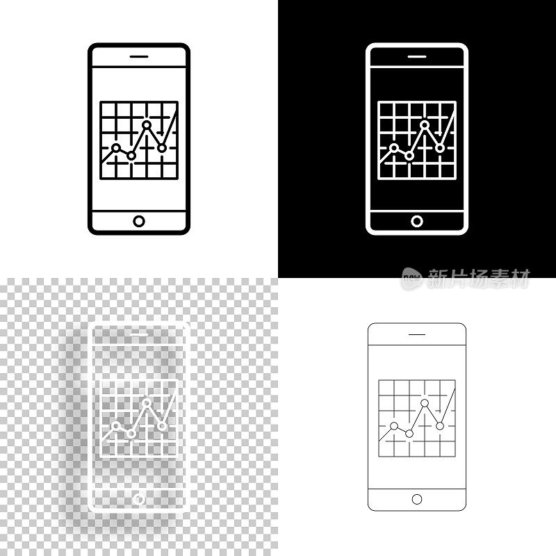 智能手机与图。图标设计。空白，白色和黑色背景-线图标