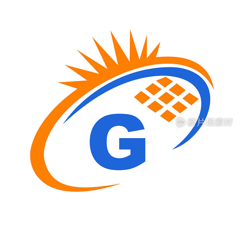 字母G内部太阳能电池或太阳能电池板能源标志设计。字母G标志与太阳能元素，太阳，太阳能电池板的标志