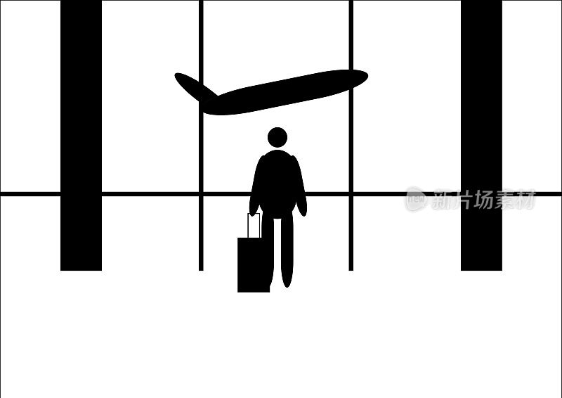 旅游和飞机旅行的概念。矢量平面人插图。带着行李站在机场出发的男子，有飞机背景。