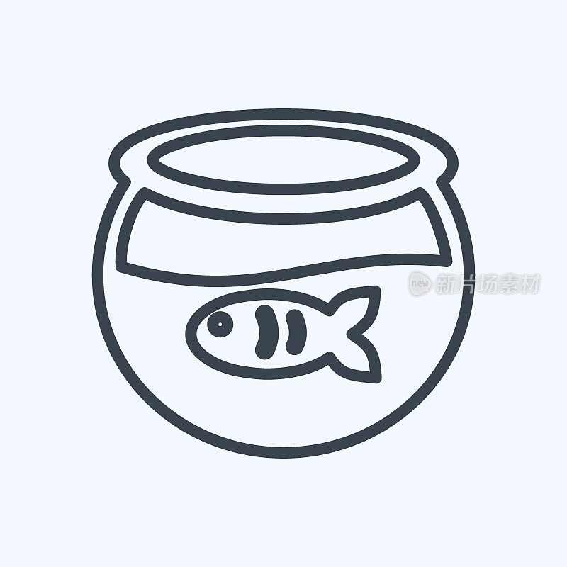 鱼缸图标中的鱼在时尚线风格孤立在软蓝色背景
