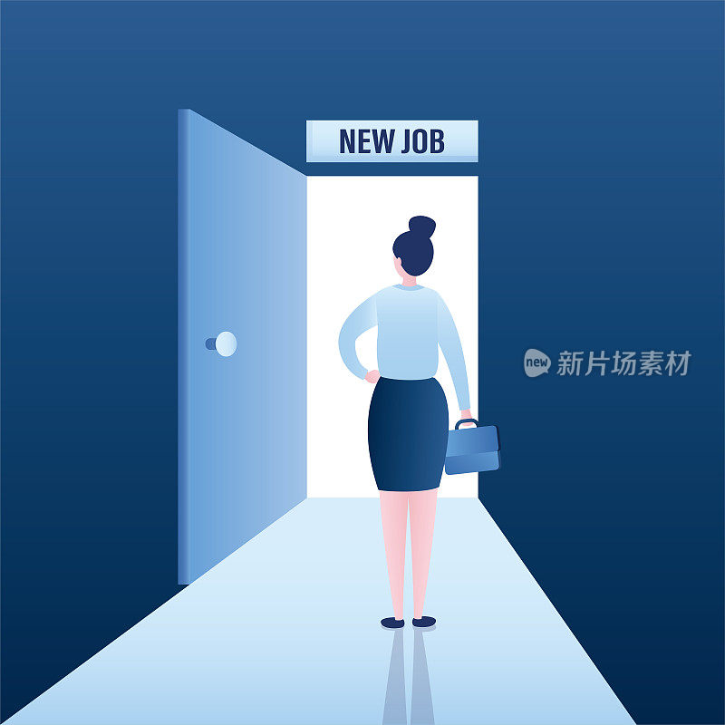 新的工作挑战，新的工作机会或职业发展的决定。女商人面试后，得到工作机会。