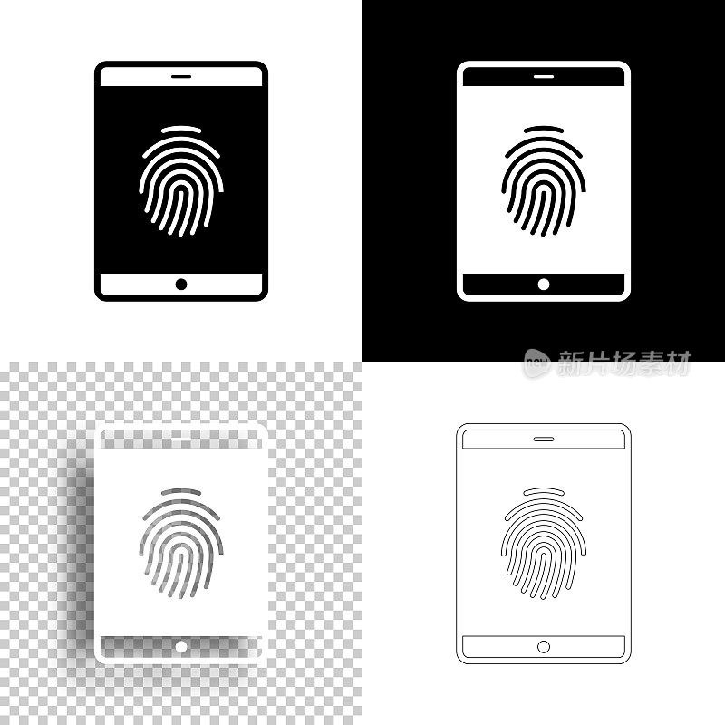 指纹平板电脑。图标设计。空白，白色和黑色背景-线图标