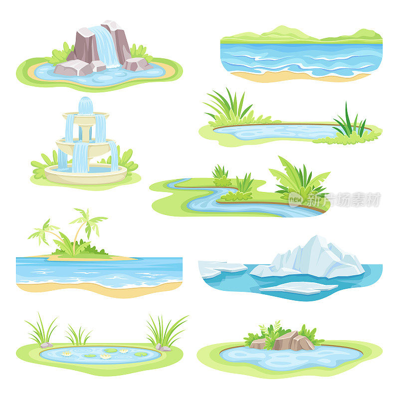 自然水景观流动的河流，瀑布，池塘和喷泉向量集