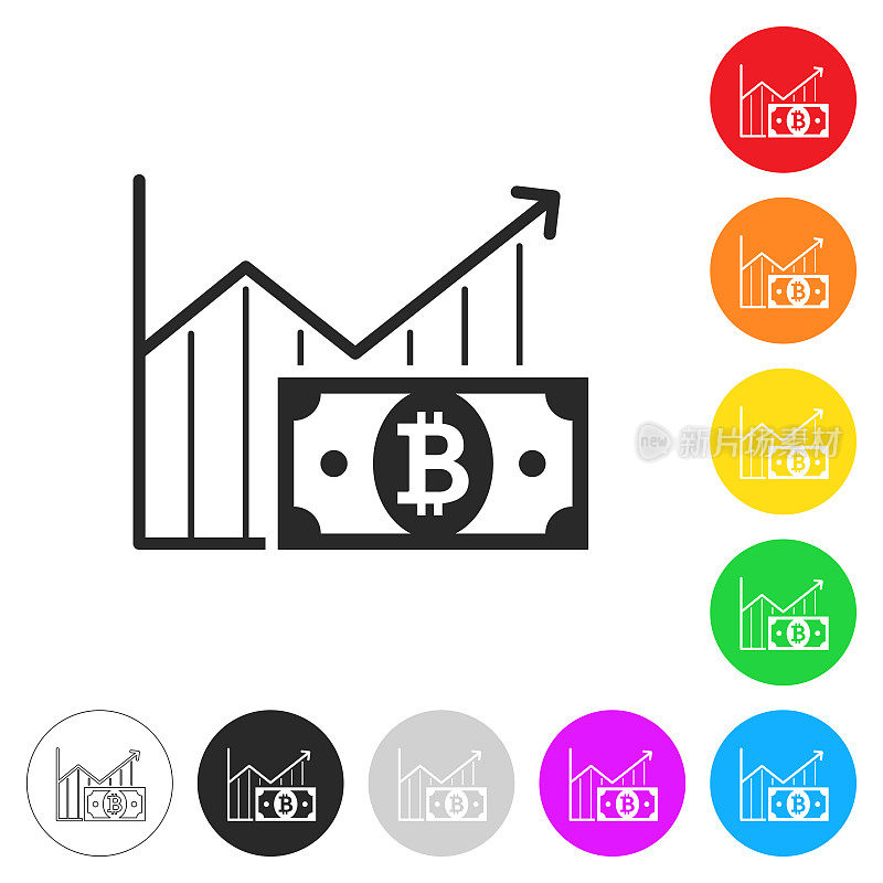 与比特币钞票增长图表。彩色按钮上的图标