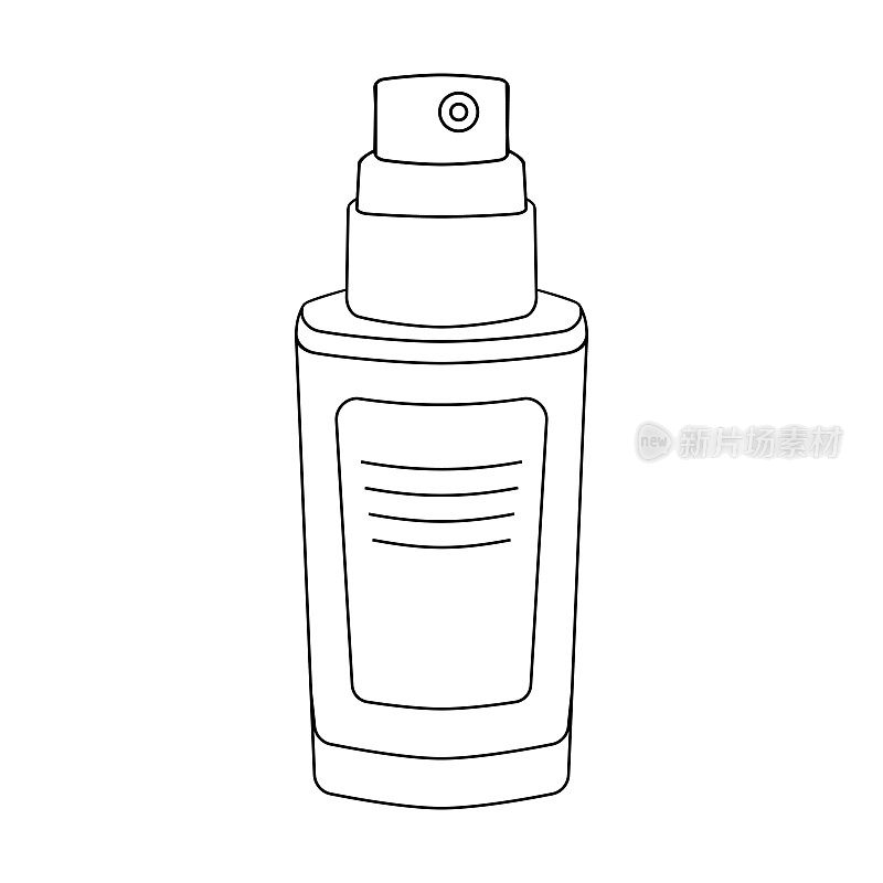 瓶内装有血清、霜剂或化妆品喷雾剂。韩国化妆品符号简单的直线图标